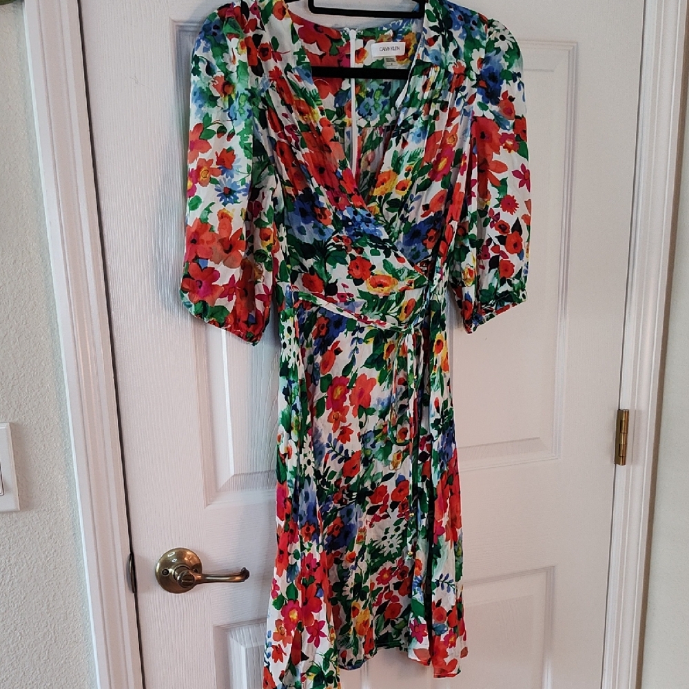 Calvin Klein Red and Green Wrap Midi Dress with Puff Sleeves